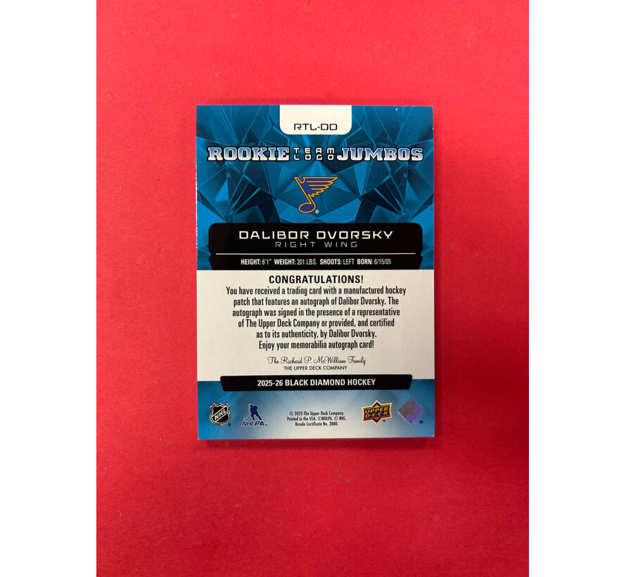 2025-26 UPPER DECK BLACK DIAMOND DALIBOR DVORSKY ROOKE TEAM LOGO JUMBOS AUTO /49
