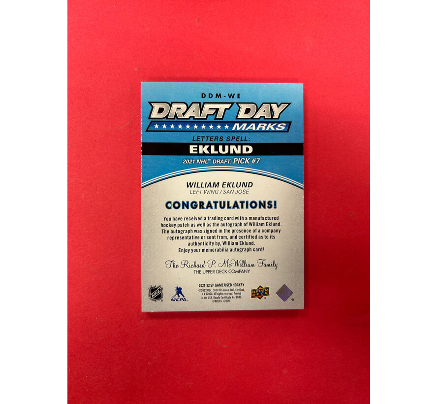 2021-22 SP GAME USED WILLIAM EKLUND DRAFT DAY MARKS /35