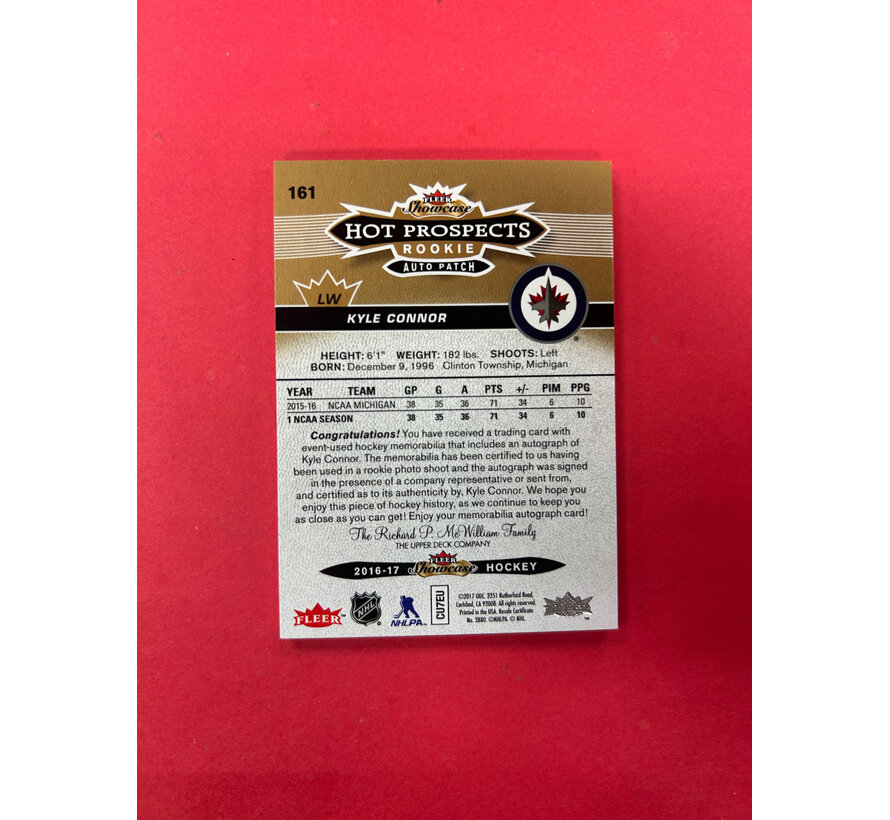 2016-17 FLEER HOT PROSECTS KYLE CONNOR ROOKIE AUTO PATCH /135