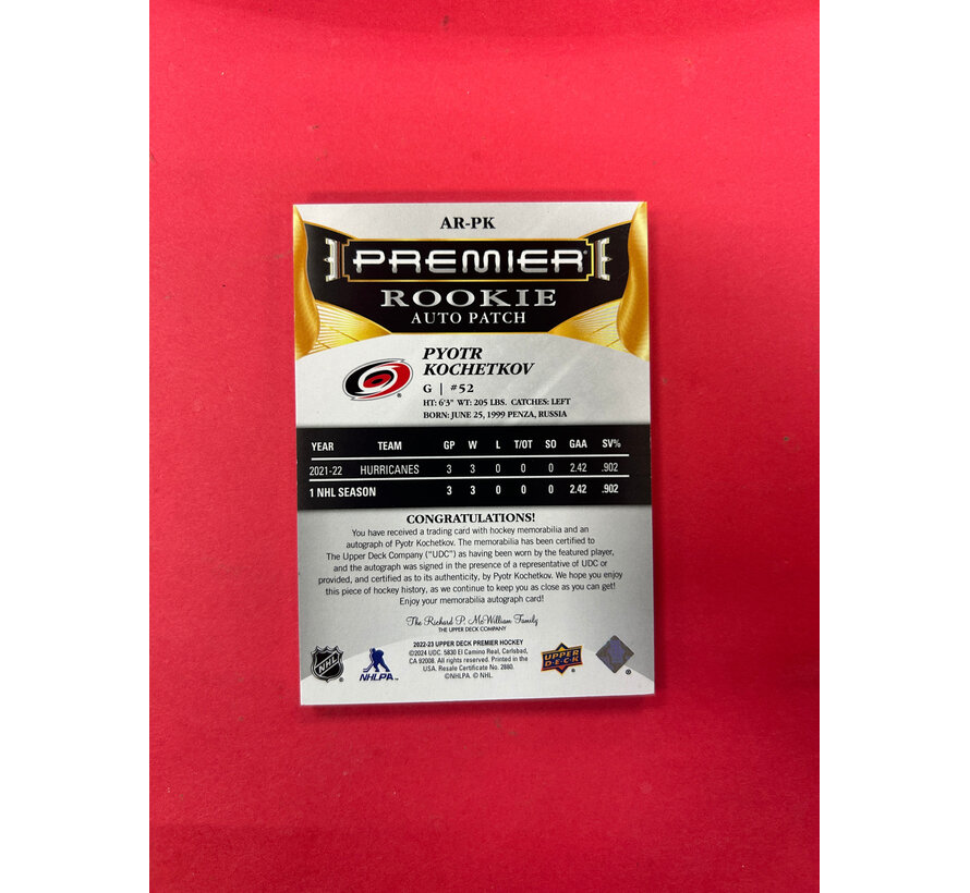 2022-23 UPPER DECK PREMIER PYOTR KOCHETKOV ROOKE AUTO PATCH GOLD /65