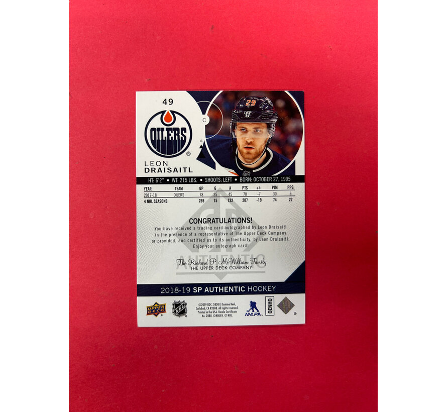 2018-19 SP AUTHENTIC LEON DRAISAITL LIMITED GOLD AUTOGRAPH