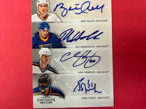 PANINI 2013-14 PANINI CONTENDERS HULL/HAWERCHUK/FUHR/PRONGER QUAD BLUES GREATS