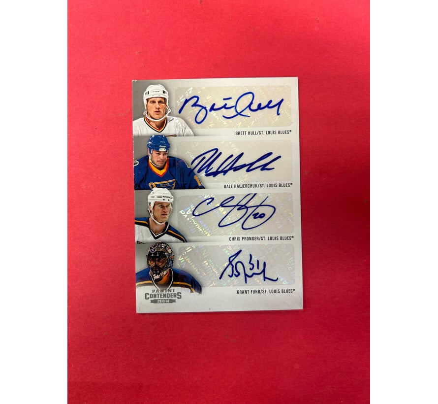 2013-14 PANINI CONTENDERS HULL/HAWERCHUK/FUHR/PRONGER QUAD BLUES GREATS