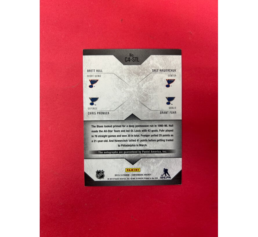 2013-14 PANINI CONTENDERS HULL/HAWERCHUK/FUHR/PRONGER QUAD BLUES GREATS