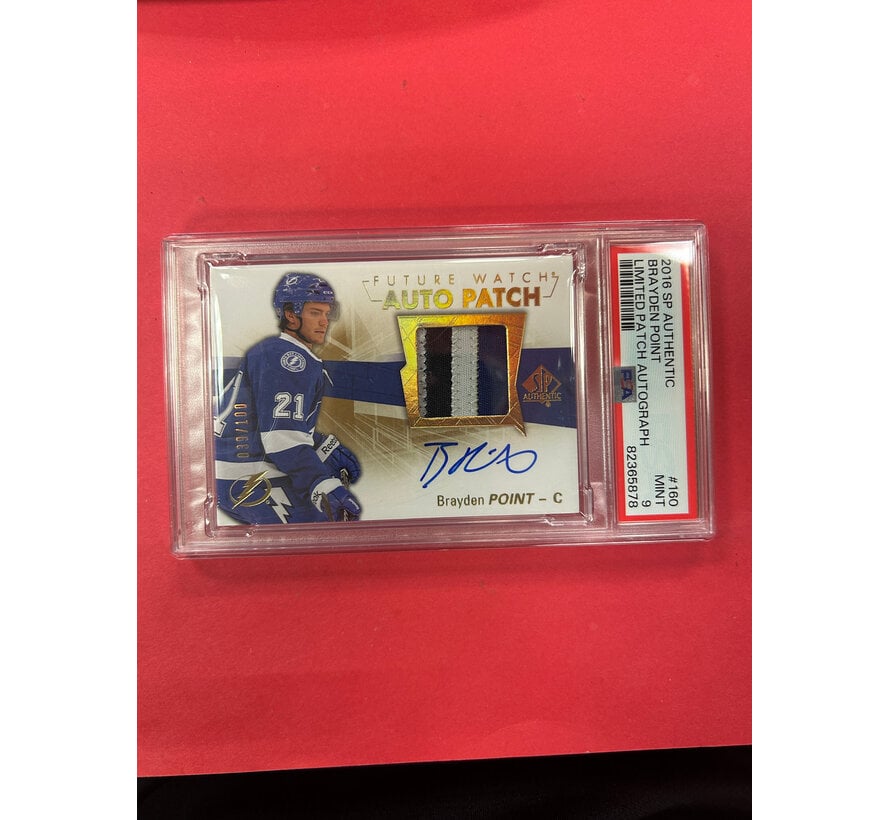 2016-17 UPPER DECK SP AUTHENTIC BRAYDEN POINT FUTURE WATCH AUTO PATCH /100 PSA GRADED 9