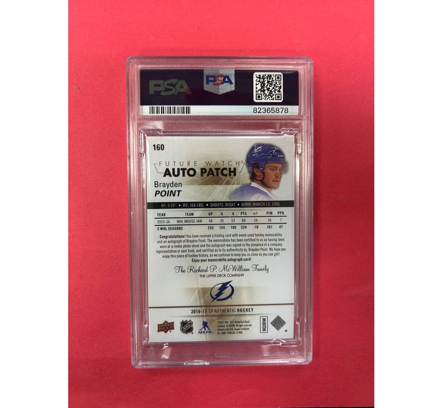 2016-17 UPPER DECK SP AUTHENTIC BRAYDEN POINT FUTURE WATCH AUTO PATCH /100 PSA GRADED 9