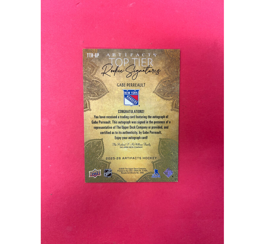 2025-26 UPPER DECK ARTIFACTS GABE PERREAULT TOP TIER SIGNATURES