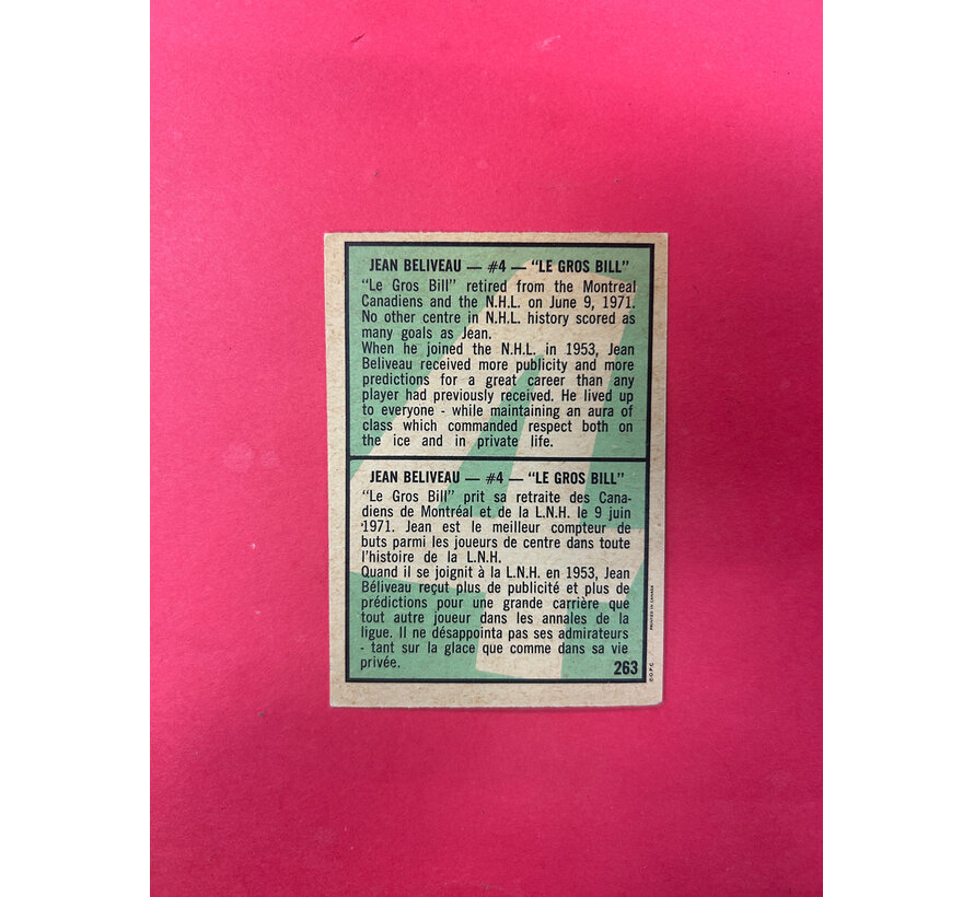 1971-72 O-PEE-CHEE JEAN BELIVEAU SPECIAL COLLECTORS CARD