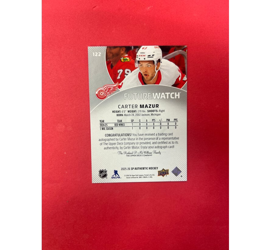 2025-26 SP AUTHENTIC CARTER MAZUR FUTURE WATCH AUTO /999