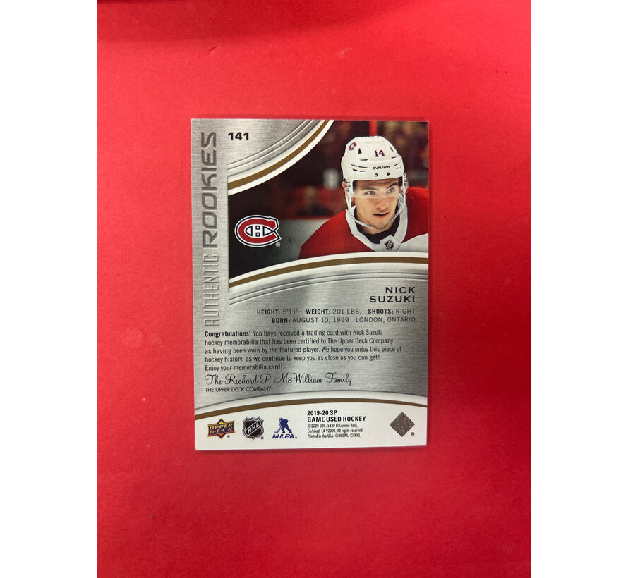 2019-20 SP GAME USED NICK SUZUKI AUTHENTIC ROOKIES /599 JERSEY