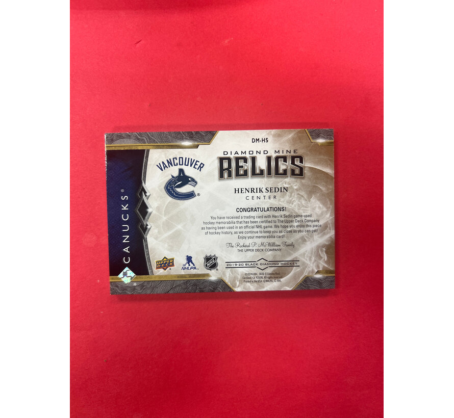 2019-20 UPPER DECK BLACK DIAMOND HENRIK SEDIN DIAMOND MINE RELICS PATCH /25