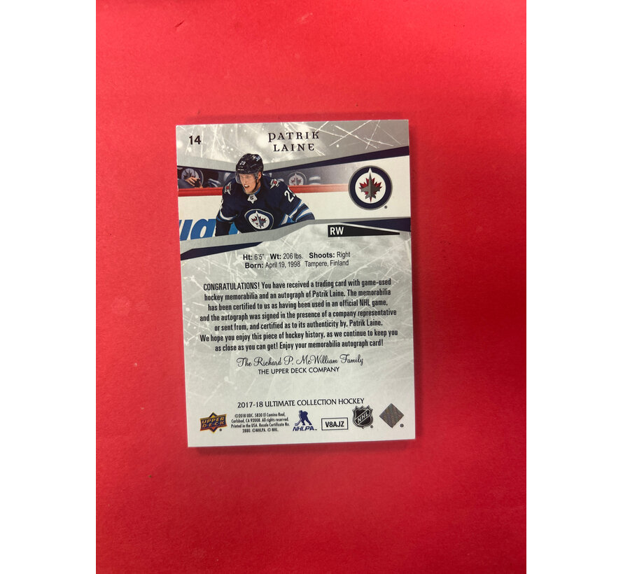 2017-18 UPPER DECK ULTIMATE PATRIK LAINE PATCH AUTO /10