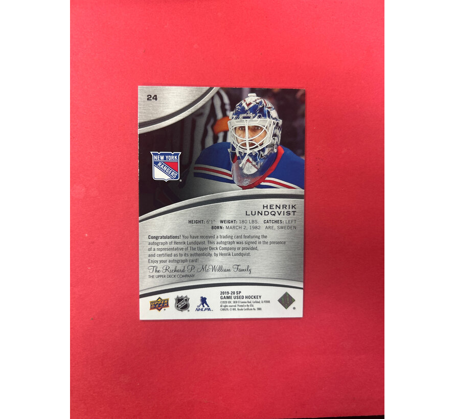 2019-20 SP GAME USED HENRIK LUNDQVIST AUTO /5