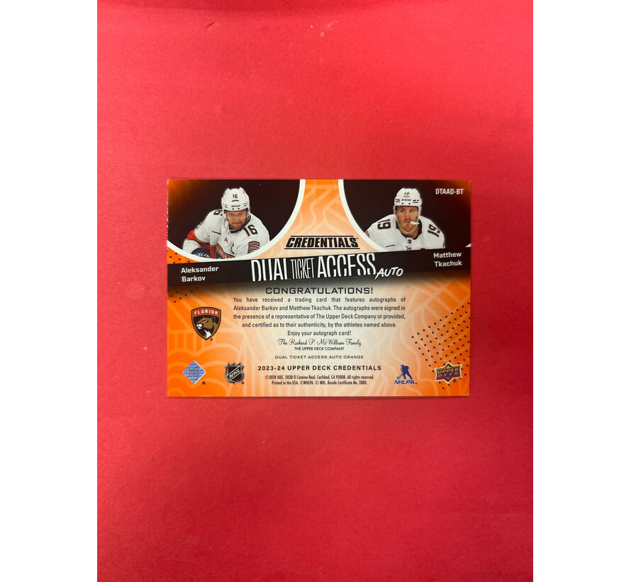 2025-26 UPPER DECK CREDENTIALS DUAL ACCESS TICKET AUTO TKACHUK/BARKOV AUTOS /5