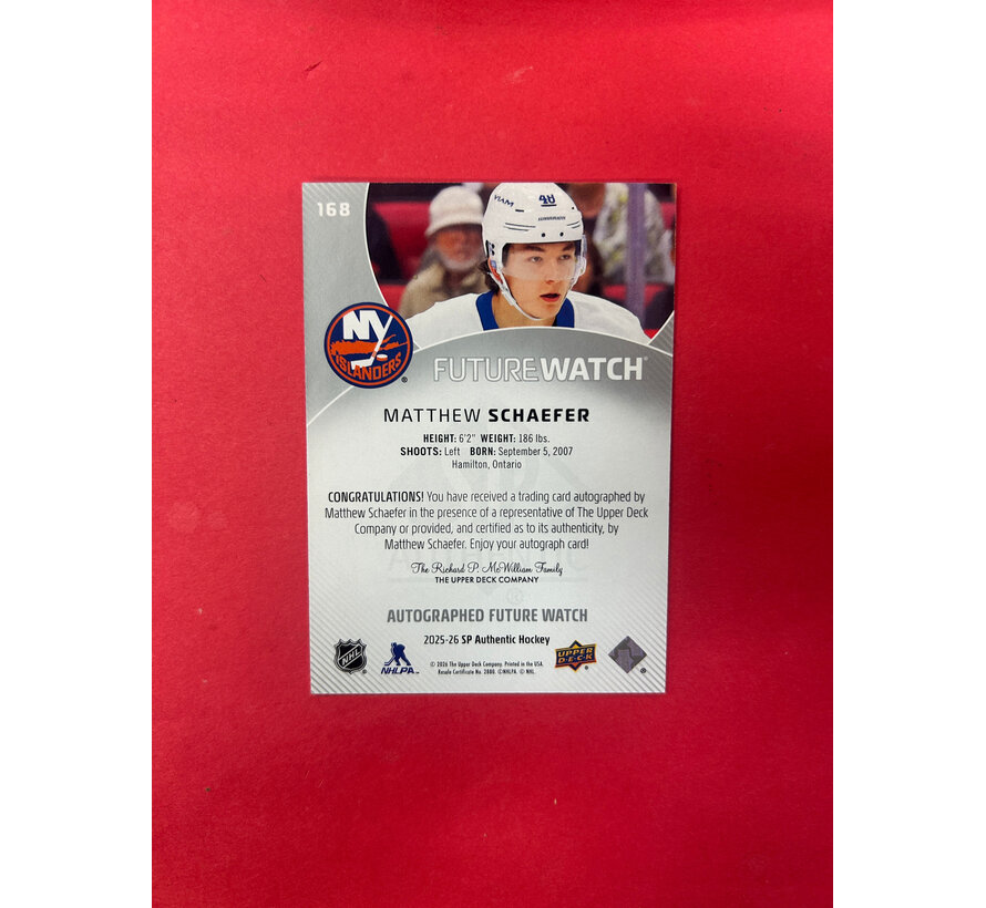 2025-26 SP AUTHENTIC MATTHEW SCHAEFER FUTURE WATCH AUTOGRAPH HORIZONTAL /199