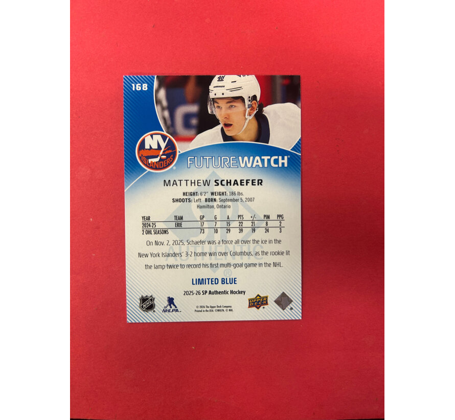2025-26 SP AUTHENTIC MATTHEW SCHAEFER FUTURE WATCH BLUE /399