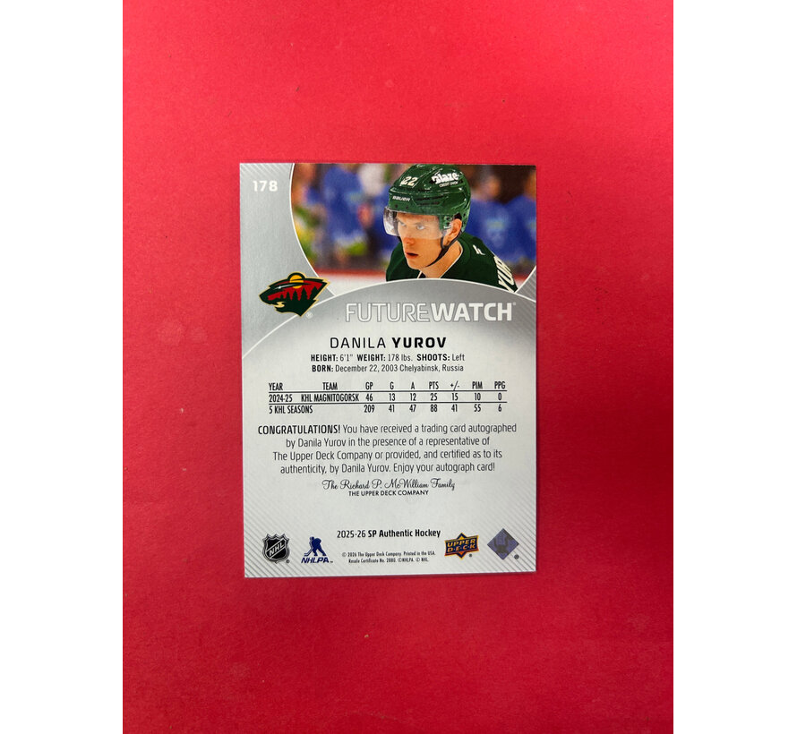 2025-26 SP AUTHENTIC DANILA YUROV FUTURE WATCH AUTOGRAPH /999