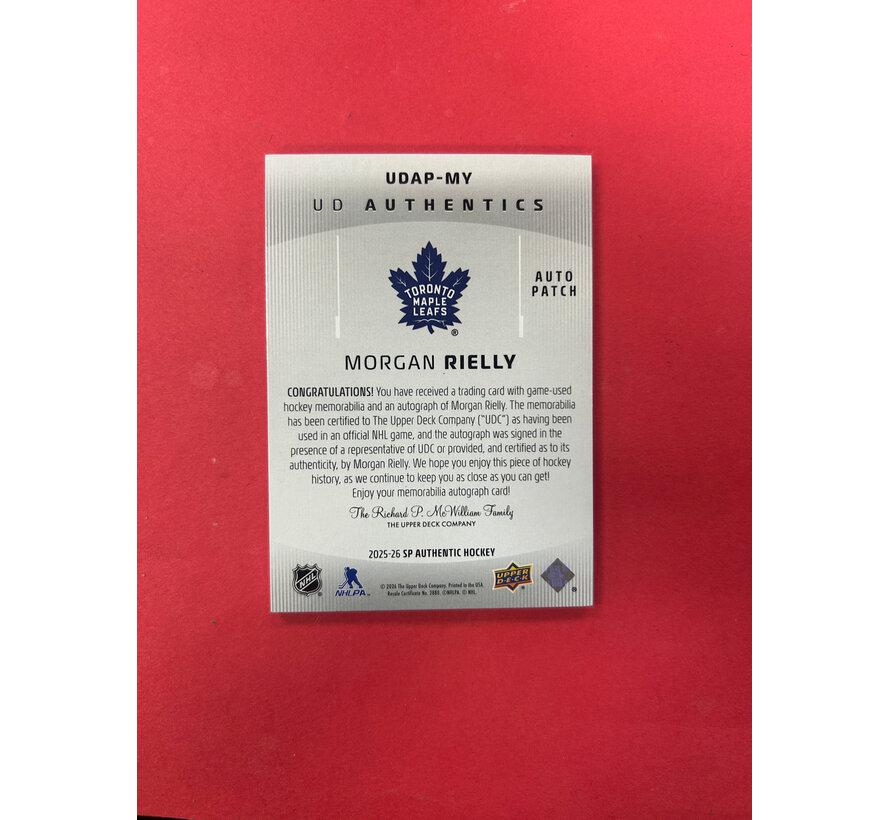 2025-26 SP AUTHENTIC MORGAN RIELLY UD AUTHENTICS PATCH AUTO /49