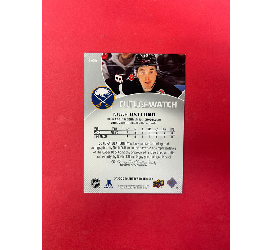 2025-26 SP AUTHENTIC NOAH OSTLUND FUTURE WATCH AUTOGRAPH /999