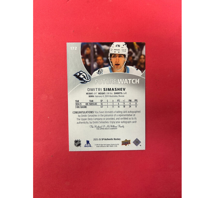 2025-26 SP AUTHENTIC DIMITRI SIMASHEV FUTURE WATCH AUTOGRAPH /999