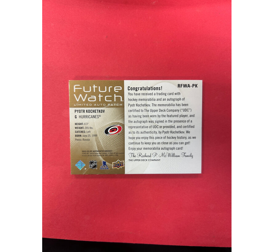 2022-23 SP AUTHENTIC PYOTR KOCHETKOV FUTURE WATCH AUTO PATCH RETRO /100