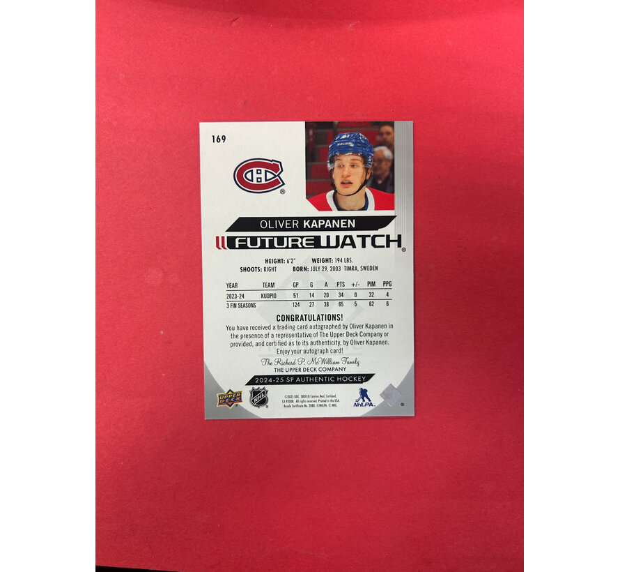 2024-25 SP AUTHENTIC OLIVER KAPANEN FUTURE WATCH AUTO /999