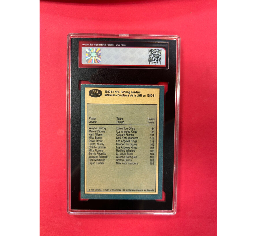 1981-82 O-PEE-CHEE WAYNE GRETZKY SCORING LEADER #384 KSA GRADED 7