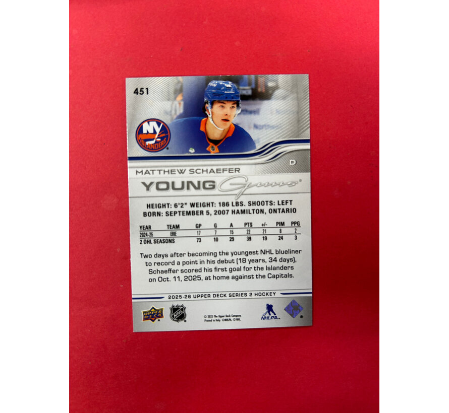 2025-26 UPPER DECK SERIES 2 MATTHEW SCHAEFER YOUNG GUNS SCRATCHED