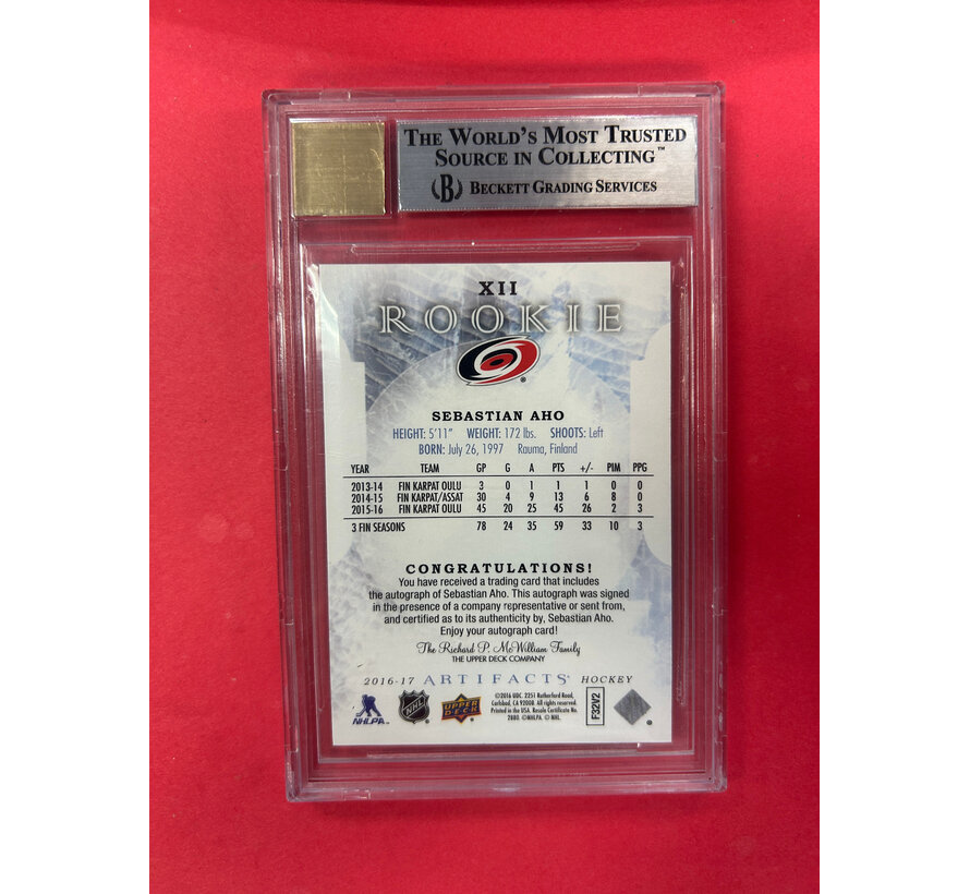 20161-7 UPPER DECK ARTIFACTS SEBASTIAN AHO ROOKIE REDEMPTION AUTOGRAPG BGS GRADED 9/10
