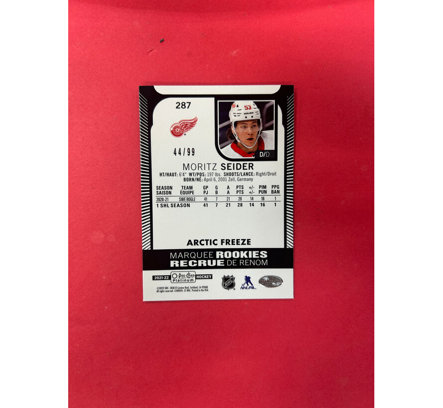 2021-22 OPC PLATINUM MORITZ SEIDER MARQUEE ROOKIES ARCTIC FREEZE /99