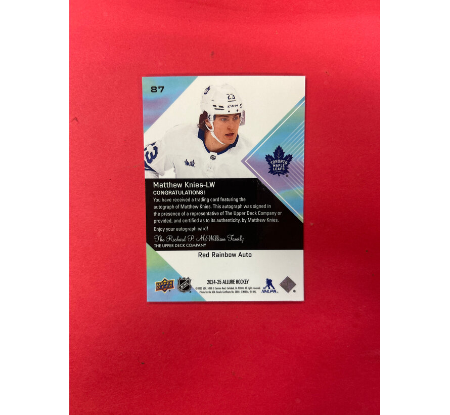 2024-25 UPPER DECK ALLURE MATTHEW KNIES RED RAINBOW AUTO