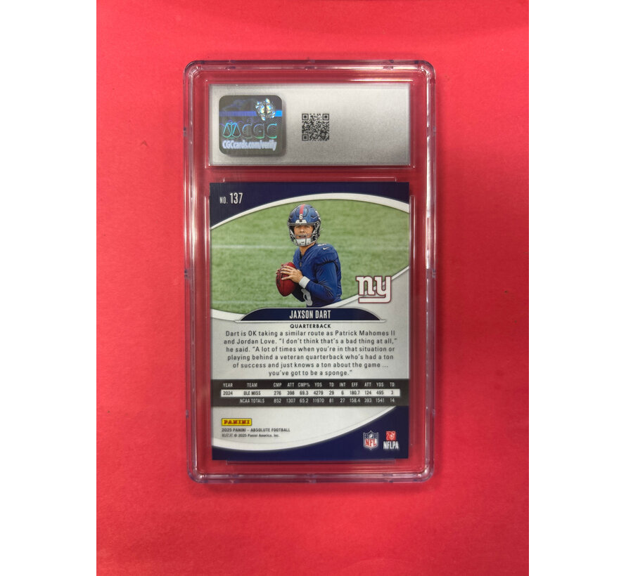 2025 PANINI ABSOLUTE JAXSON DART RED SQUARES /850 CGC GRADED 10
