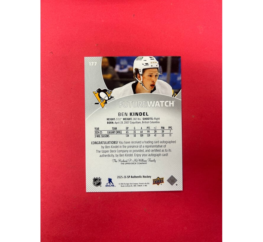 2025-26 SP AUTHENTIC BEN KINDEL FUTURE WATCH AUTOGRAPH /999