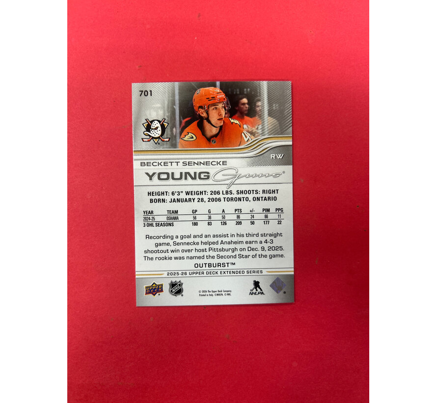 2025-26 UPPER DECK EXTENDED BECKETT SENNECKE OUTBURST YOUNG GUNS