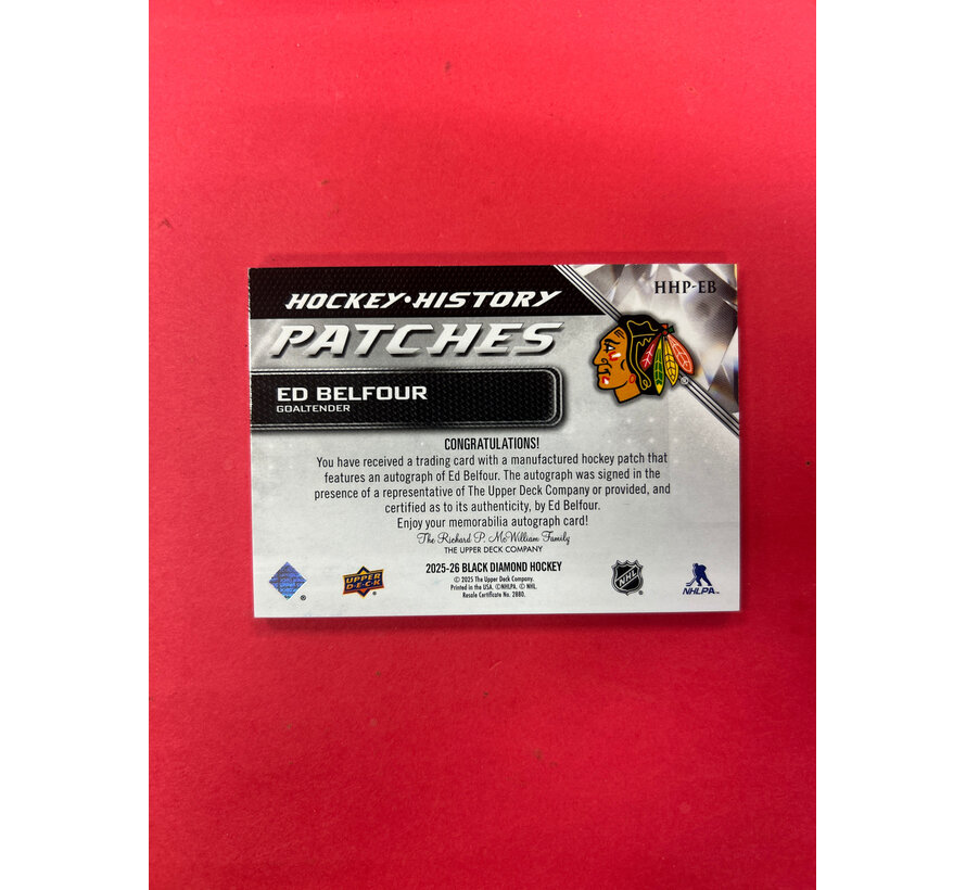 2025-26 UPPER DECK BLACK DIAMOND ED BELFOUR HOCKEY HISTORY PATCHES AUTO /49