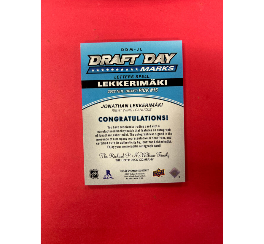 2025-26 UPPER DECK SP GAME USED JONATHAN LEKKERMAKI DRAFT DAY MARKS /35
