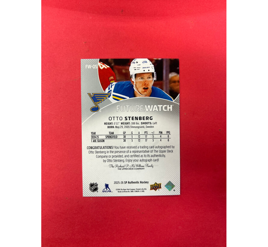 2025-26 SP AUTHENTIC OTTO STENBURG FUTURE WATCH AUTOGRAPH /999