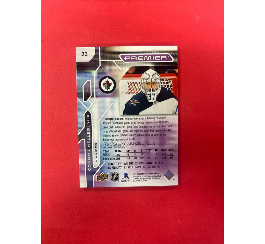 2021-22 UPPER DECK PREMIER CONNOR HELLEBUYCK NECK TAG 3/3