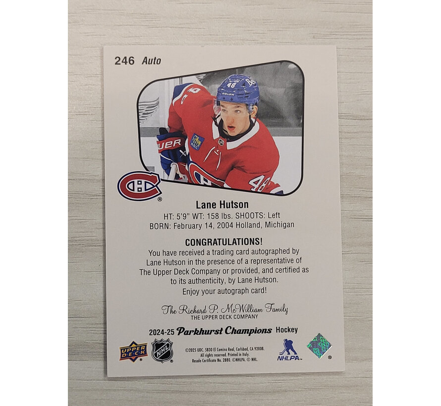 2024-25 UPPER DECK PARKHURST LANE HUTSON ROOKIE AUTO