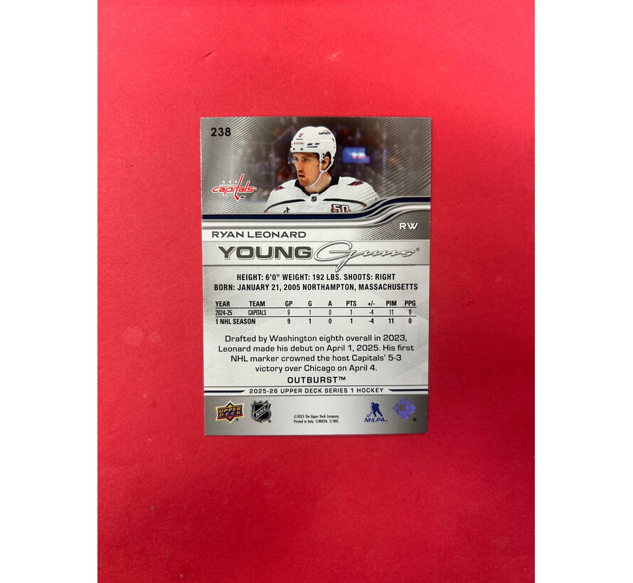 2025-26 UPPER DECK SERIES 1 RYAN LEONARD YOUNG GUNS OUTBURST