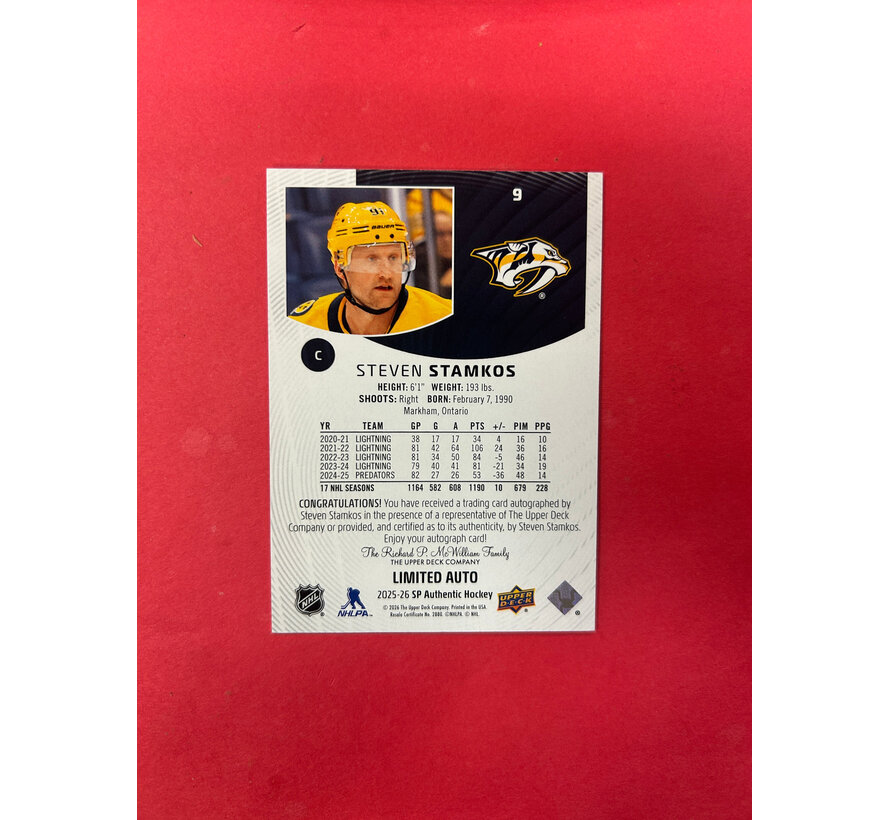 2025-26 SP AUTHENTIC STEVEN STAMKOS LIMITED GOLD AUTOGRAPH