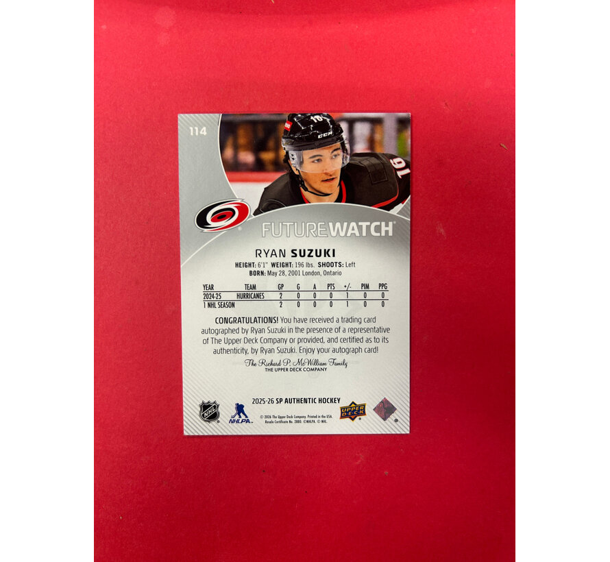2025-26 SP AUTHENTIC RYAN SUZUKI INSCRIBED FUTURE WATCH AUTOGRAPH /999