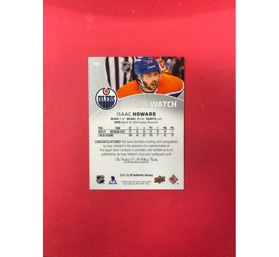 2025-26 SP AUTHENTIC ISAAC HOWARD FUTURE WATCH AUTOGRAPH /999