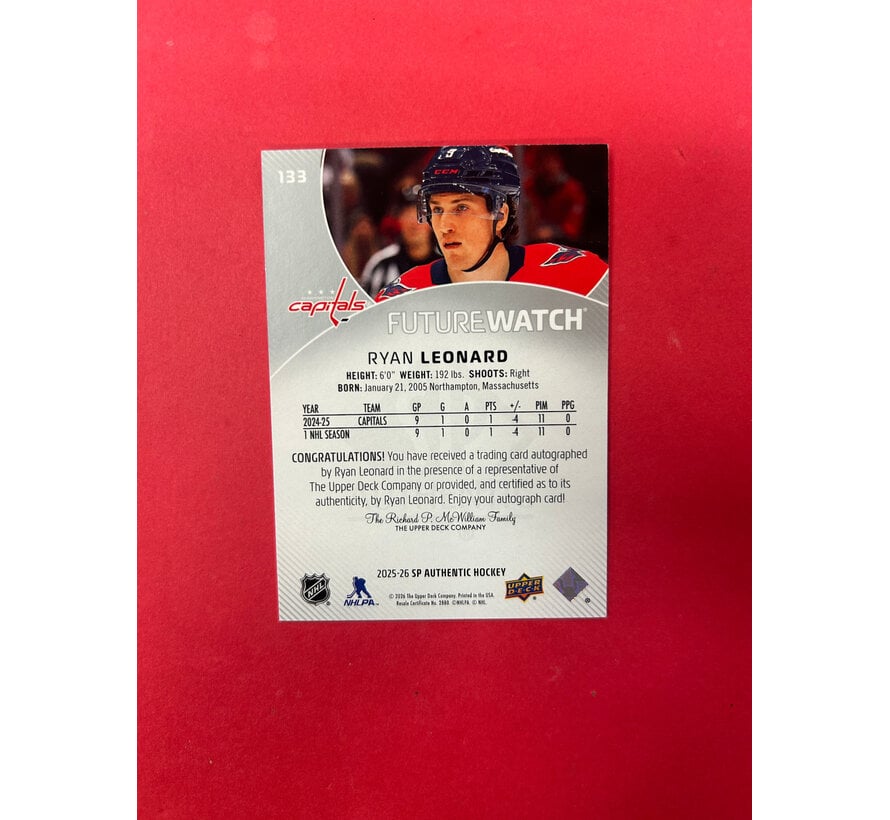 2025-26 SP AUTHENTIC RYAN LEONARD FUTURE WATCH AUTOGRAPH /999