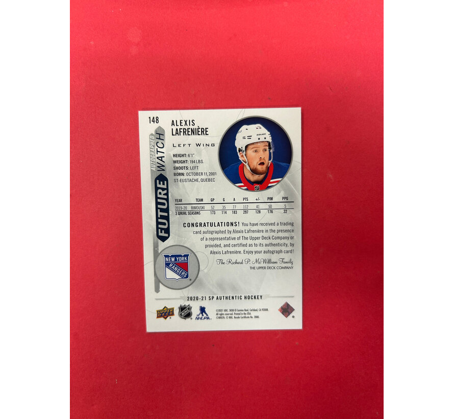 2020-21 SP AUTHENTIC ALEXIS LAFRENIERE FUTURE WATCH AUTOGRAPH /999