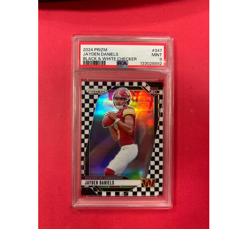 PANINI 2024 PANINI PRIZM JAYDEN DANIELS BLACK AND WHITE CHECKER ROOKIE PSA GRADED 9