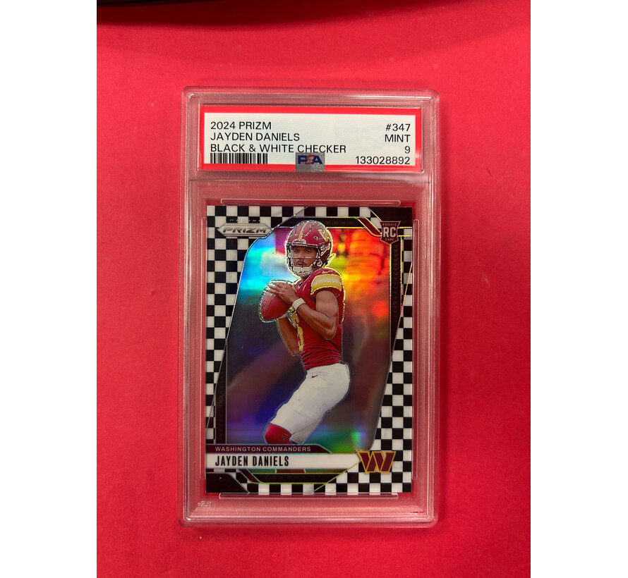 2024 PANINI PRIZM JAYDEN DANIELS BLACK AND WHITE CHECKER ROOKIE PSA GRADED 9