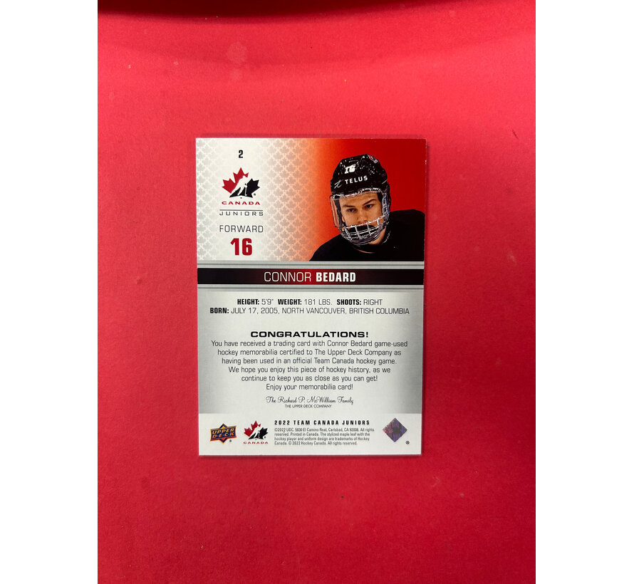 2022 UPPER DECK TEAM CANADA CONNOR BEDARD JERSEY