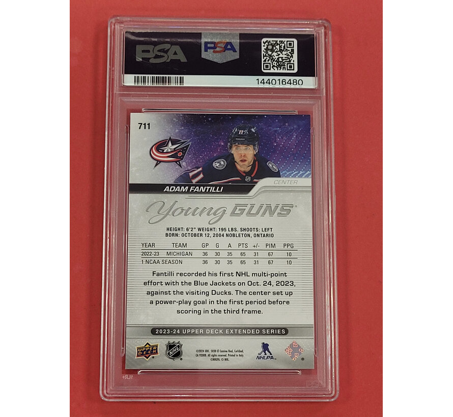2023-24 UPPER DECK EXTENDED SERIES YOUNG GUNS ADAM FANTILLI #711 GRADED PSA 10