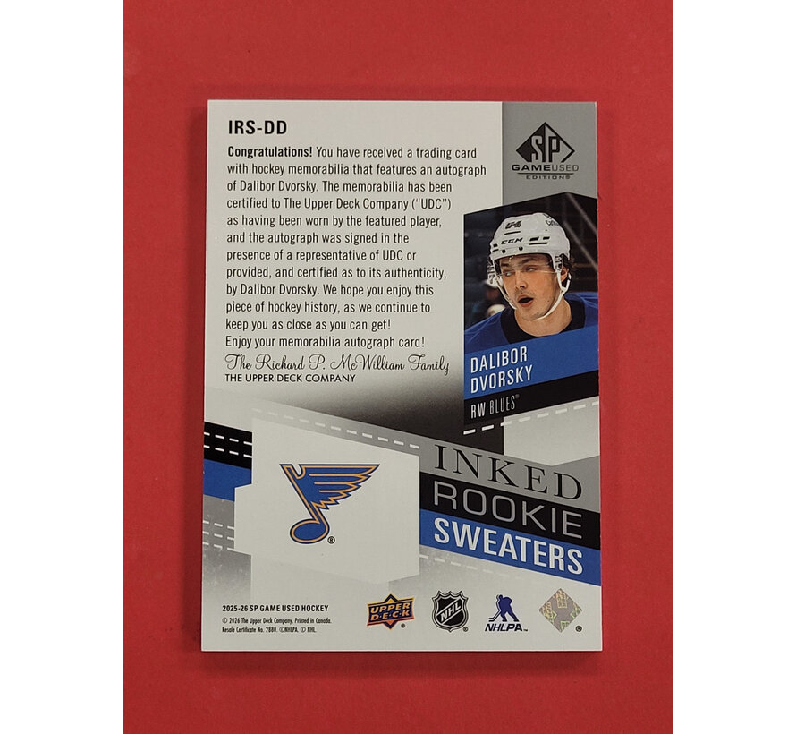 2025-26 UPPER DECK SP GAME USED DALIBOR DVORSKY INKED ROOKIE SWEATER /99 AUTO JERSEY